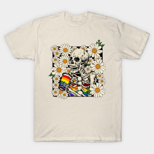 Skeleton Drink LGBTQ+ Coffee In The Daisy Garden T-Shirt by Luna Illustration